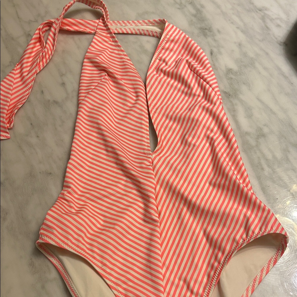 SOLID & STRIPED Coral and White Striped One-Piece Swimsuit